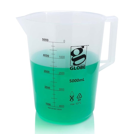 Globe Scientific 5000mL Beaker with Handle, Diamond Essentials, Low Form, Printed Graduations, PP 3654-5M